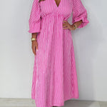 Striped Print V-Neck Long Sleeve Casual Loose Maxi Dress