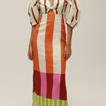 Kaya Linen Blend Color Block Print Front Cutout Knot Puff Sleeve Maxi Dress