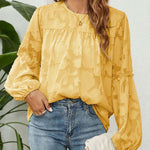 Nadorine Long Bell Sleeve Blouses Crewneck Floral Lace Textured Babydoll Shirts Tops