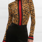 Long Sleeves Skinny Contrast Color Leopard High Neck T-Shirts Tops