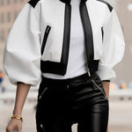 Puff Sleeves Contrast Color Split-Joint Zipper Stand Collar Jackets&Coats