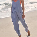 Loose V Neck Harem Jumpsuits Sleeveless Spaghetti Strap Baggy Overalls with Pocket