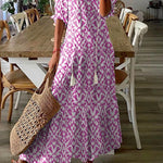 Geometric Print Casual V Neck Maxi Dress