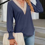 Solid Color Lace Patchwork V-Neck Loose-Fitting Long-Sleeved T-Shirt Top