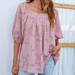 Nadorine Quare Neck Babydoll Tops 3/4 Puff Sleeve Lace Blouse Summer Floral Textured Shirts
