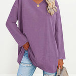 Solid Color V Neck Long Sleeve Pullover Basic Tshirts Casual Sweatshirts
