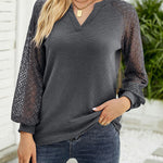 Waffle Grace Stitching Long Sleeve V-Neck T-Shirt Top Women