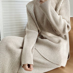 Solid Color Knitted Two Piece Casual Loose Loungewear Knit Sweater&Pants Set