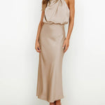 Long Formal Satin Dress Mock Neck High Neck Evening Dress