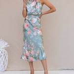 Sleeveless Halter Neck Printed Satin Dress
