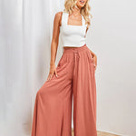 Wide Leg Flowy Pants Summer Boho Elastic Waist Drawstring Palazzo Trousers