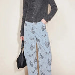 Jhenie Denim Beaded Sequin Floral Pattern Mid Rise Pocket Wide Leg Jeans