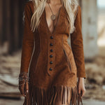 Western Style Tassel Brown Faux Suede Long Seleve Mini Dress