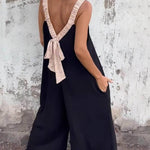 Unique Two-Color Patchwork Open Back Loose Pocket Jumpsuit
