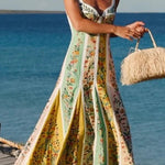 Sweet Garden Linen Blend Color Block Floral Paneled Maxi Dress
