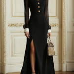 Long Sleeves Buttoned See-Through Solid Color Split-Side Lapel Maxi Dresses Shirt Dress