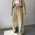 Two Piece Outfits Casual Lounge Sets Long Sleeve Short Casual Shirt with Drawstring Trousers Set