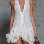 Vintage Western V-Neck Front Zipper And Lace Trim White Cotton-Linen Mini Dress