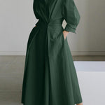 Elegant Pocket Button Lapel Collar Fold Solid Midi Dress
