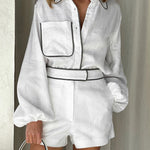 Nadorine Cotton Loose Two Pieces set Lantern Sleeve Casual Loose Shirts High Waist Shorts Outfits