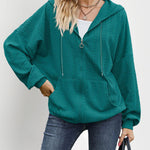 V-Neck Zipper Closure Solid Color Long Loose Hoodie Jacket