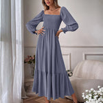 Solid Color Long Sleeve Dress Square Neck Lotus Leaf Maxi Dress