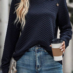 Solid Color Plaid Turtleneck Button Casual Sweatshirt