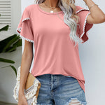 Pom-Pom Trim Flutter Sleeve Round Neck Tee Casual Blouses Tops