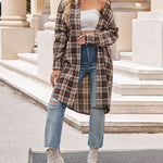Nadorine Plaid Longline Button-Up Shacket Lapel Neck Long Sleeve Shirt Pocket
