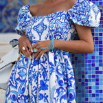 Enjoy The Adventure Printed Off Shoulder Puff Sleeve Maxi Dress