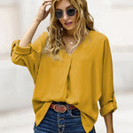 Nadorine V-Neck Long Sleeve Buckle T-Shirt Plain Shirts Shirt Top Elegant Shirts Casual Slim Fit Basic