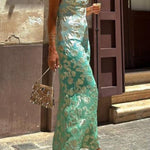 Tie Dye Ombre Gold Floral Print Sexy Strappy Maxi Dress