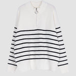 Striped Pattern Quarter Zipper Drop Shoulder Sweater Pullover