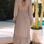 Smoke Gray Dotty Print Button V Neck Long Sleeve Ruffled Dress
