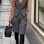 Office Social Button Back Tie-up Vest and Pocketed Wide Leg Midi Pants Set