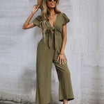 Jumpsuit Wide Leg Casual Short Sleeve Solid Color Bowknot V Neck Jumpsuit