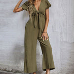Jumpsuit Wide Leg Casual Short Sleeve Solid Color Bowknot V Neck Jumpsuit