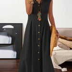 V Neck Lapel Button Down Maxi Dress Sleeveless Casual Beach Long A Line Shirt Sundress