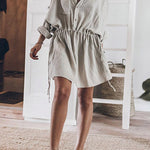 Gray Rolled-Up Sleeve Buttoned Drawstring Textured Dress