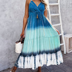 Tie Dye Sleeveless Long Dress Flowy Boho Maxi Sundress Spaghetti V Neck Dress with Belt
