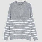 Striped Pattern Quarter Zipper Drop Shoulder Sweater Pullover