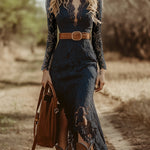 Vintage Bohemian Blue Lace Long Sleeve Midi Dress