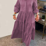 Solid Color Lapel Elastic Cuffs Loose Maxi Dress