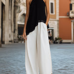 Elegant Two-Tone High-Neck Halter Set ��� Asymmetric Chiffon Top & Wide-Leg Trousers