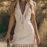 Western-style Retro V-neck Zippered Front Fringed Faux Suede Mini Dress