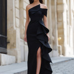Black One-Shoulder Ruffled Evening Gown With Asymmetric Slit