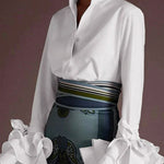 Flared Sleeves Bow-Embellished Falbala Solid Color Lapel Blouses&Shirts Tops