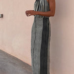 One More Chance Striped Adjustable Waist Halter Midi Dress