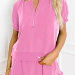 Women's Casual Half-zip Top and Ruffle Shorts Set