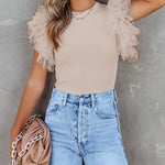 Solid Color Round Neck Pullover Slim Fit Lotus Leaf Sleeve T-shirt